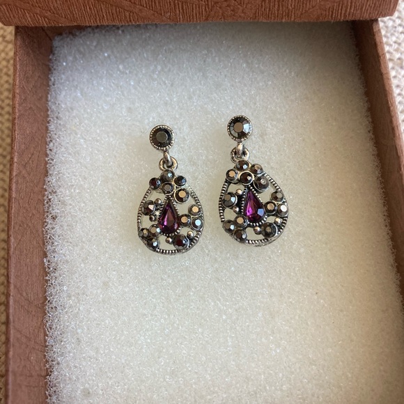 Vintage Dangle Earrings Silver Tone Metal, Amethyst and Marcasite stones - Picture 3 of 8